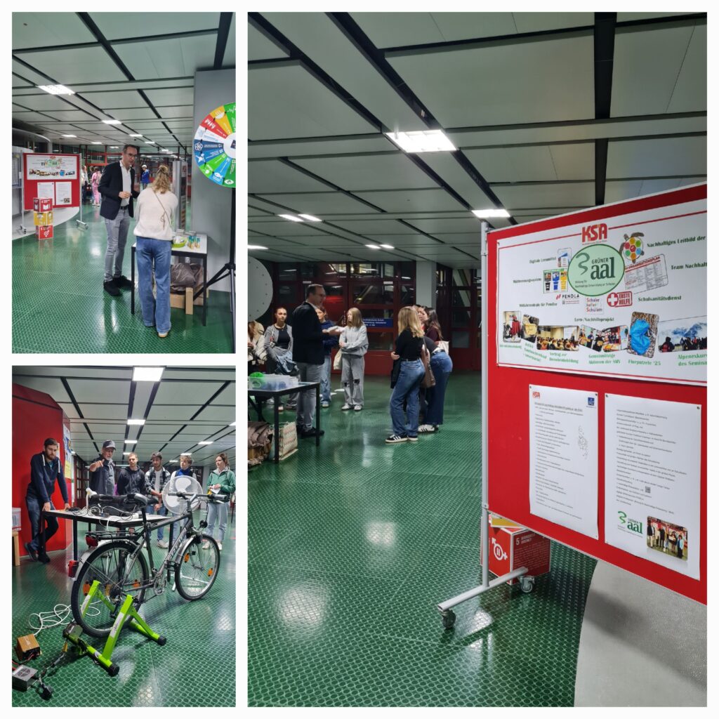 Eine Collage aus drei Fotos, die drei verschiedene Marktstände des BNE zeigt. Engagiert wirkende Vertreter an den Ständen im Gespräch mit interessiert zugewandten Schülerinnen und Schülern.